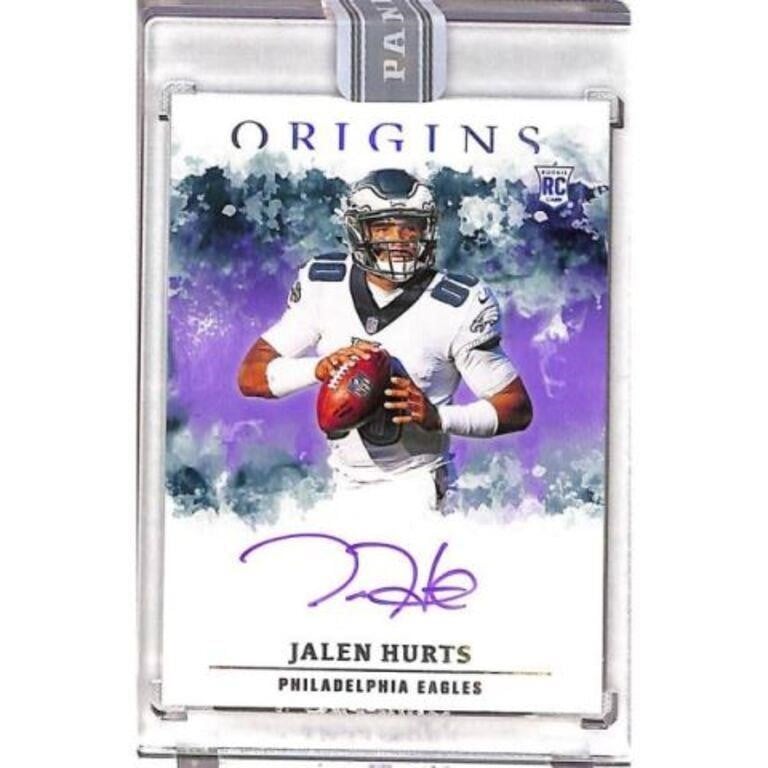 This 2020 Whitebox rookie trading card featuring Philadelphia Eagles quarterback Jalen Hurts is one of hundreds of sports cards for sale on HiBid.com. 