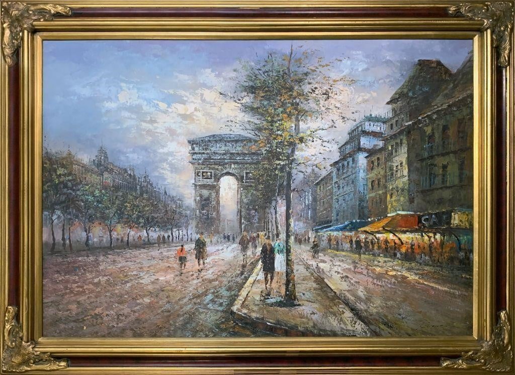 Framed oil painting on canvas depicting a Paris city street scene.