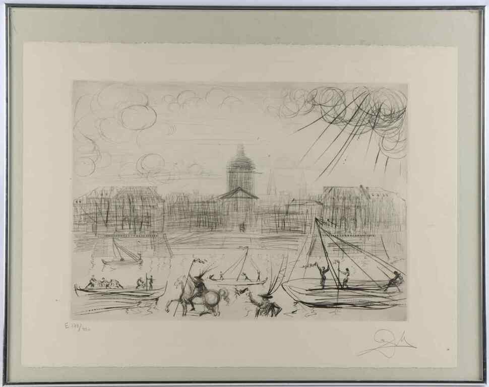 A black and white sketch depicting a city with men in boats and water in the forefront.