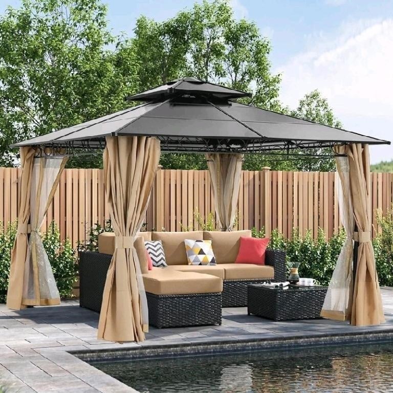 A 10- by 10-foot hardtop canopy gazebo with a steel frame.