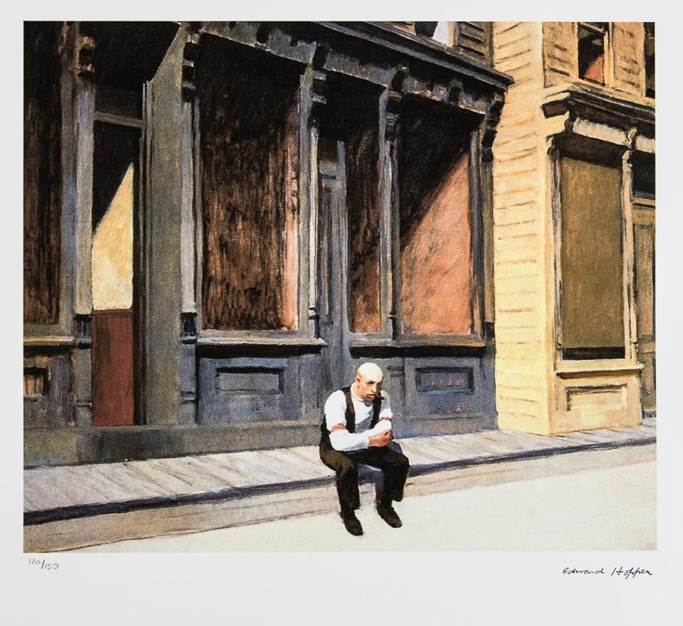 Edward Hopper painting of a man seated on a curb.