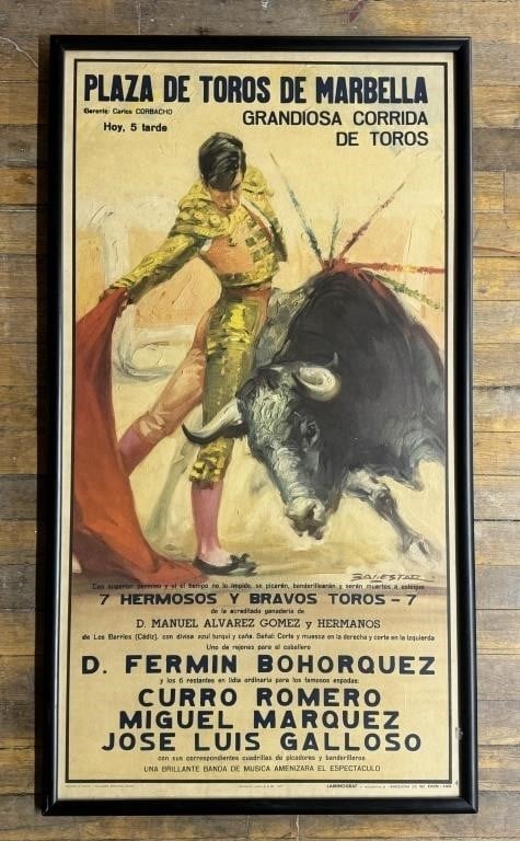 A framed bullfighter poster open for bidding in the Posters category on HiBid.com.