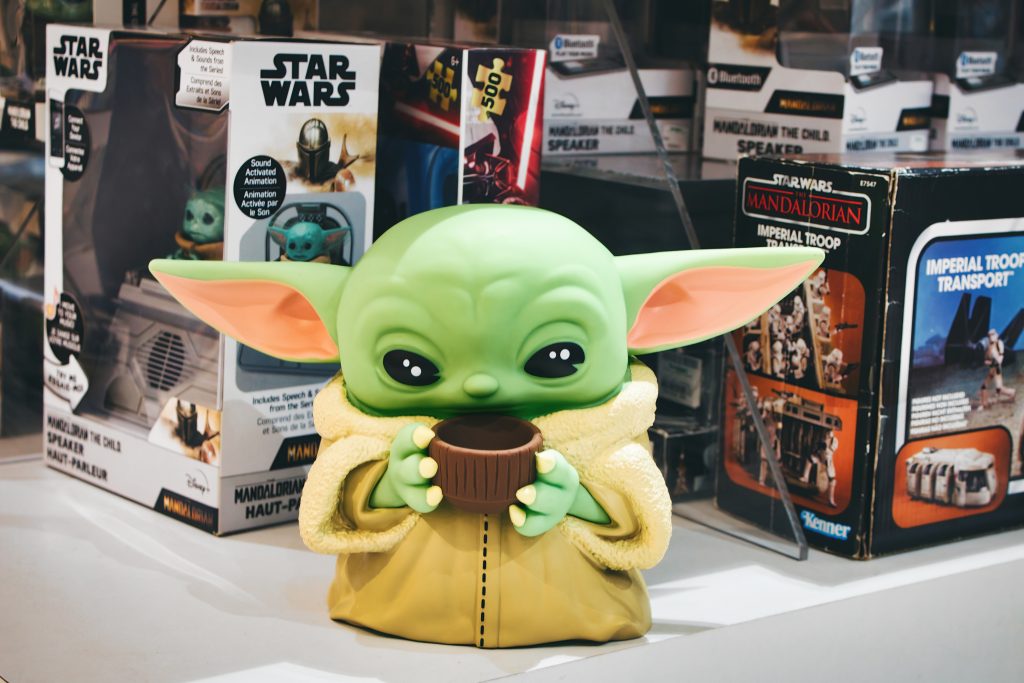 Grogu “Baby Yoda” doll and other toys from the Star Wars “Mandalorian” TV series.