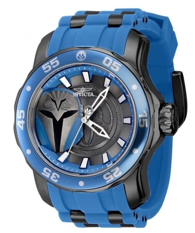 A 48-millimeter blue Invicta X Star Wars Mandalorian watch valued at $1,149 for sale on HiBid.com. 